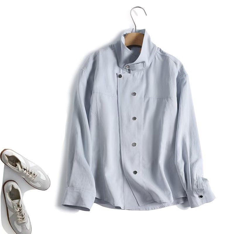 Women Light Oversized Blouse Jacket with Stand Collar and Concealed Snap Button Placket Fashion Glam
