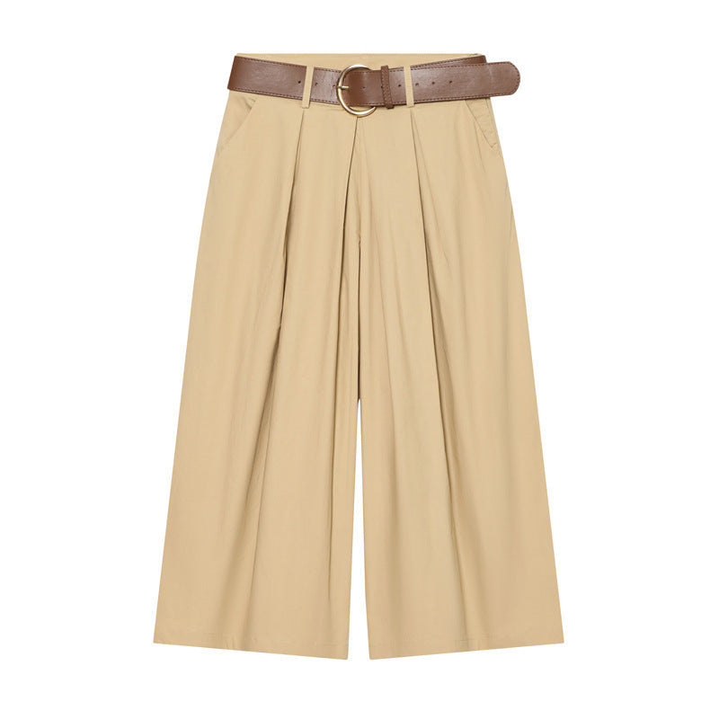 Women's High-Waisted Culotte Pants with Wide Leg, Knife Pleats and Round Buckle Belt Fashion Glam