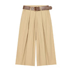 Women's High-Waisted Culotte Pants with Wide Leg, Knife Pleats and Round Buckle Belt Fashion Glam