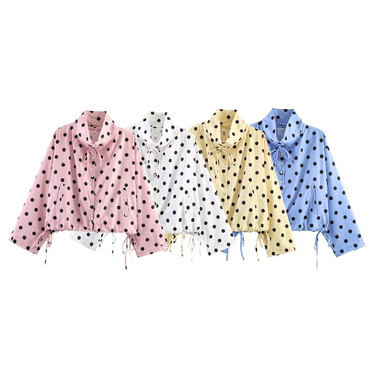 Women's Cropped Polka Dot Transition Jacket with Stand-Up Collar, Drawstring Hem and Button Placket Fashion Glam