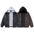 Unisex Oversize Faux Leather Bomber Jacket with Contrasting Hood, Zipper and Elastic Hem Fashion Glam