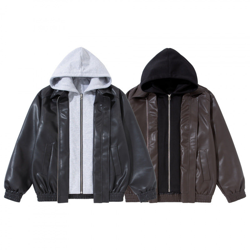 Unisex Oversize Faux Leather Bomber Jacket with Contrasting Hood, Zipper and Elastic Hem Fashion Glam