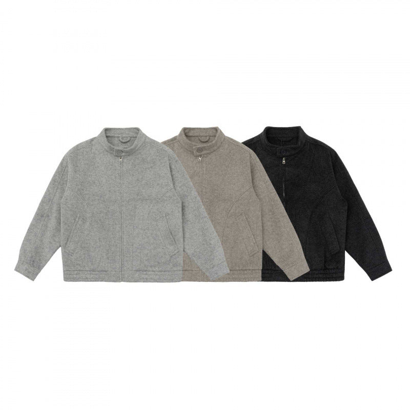 [Unisex] Boxy Wool Blend Zip Jacket in Overshirt Style with Short Stand-Up Collar Fashion Glam