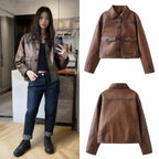 Women's Short Oversized Faux Leather Jacket with Shirt Collar and Flap Pockets Fashion Glam