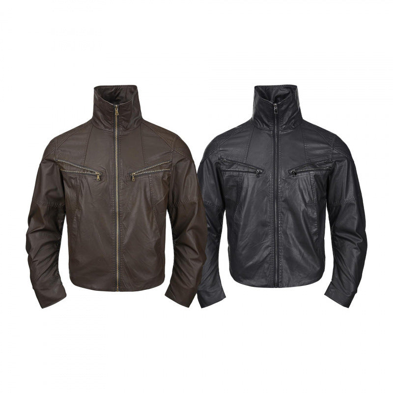 Men's short jacket in leather look with high stand-up collar, two diagonal chest zippers and vintage metal details Fashion Glam