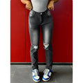 Women's waist-fitting stretch skinny jeans with distressed knees and five-pocket design Fashion Glam