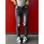 Women's waist-fitting stretch skinny jeans with distressed knees and five-pocket design Fashion Glam