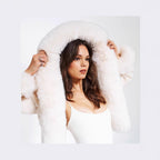 Women's short bolero made of bouclé faux fur with voluminous hood and fur cuffs Fashion Glam
