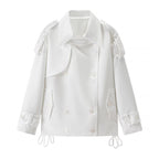 Women Short Boxy Double-breasted Trench with Drawstring and Decorative Shoulder Straps Fashion Glam