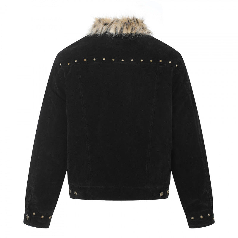 Men's short jacket made of suede leather imitation with faux fur collar and stud details Fashion Glam