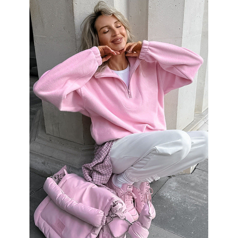 Women’s Oversized Fleece Pullover with Half Zipper and Stand-Up Collar Fashion Glam