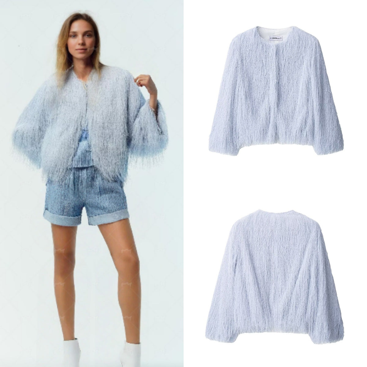 Women's Fluffy Fringe Jacket with Round Neckline and Boxy Cut Fashion Glam
