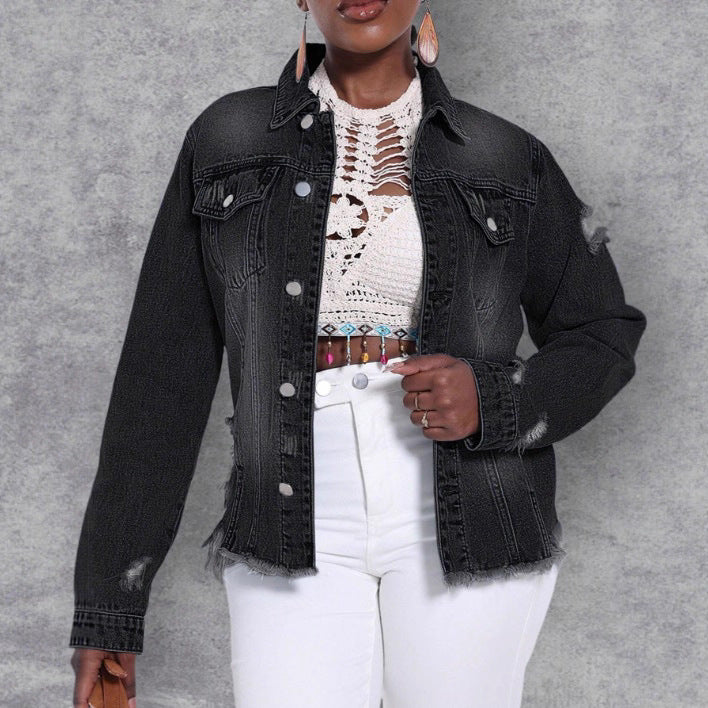 Women's Distressed Denim Jacket with Frayed Hem and Relaxed Fit Fashion Glam