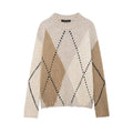 Women Chunky Knit Argyle Sweater with Oversized Cut and Ribbed Collar Fashion Glam