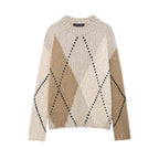Women Chunky Knit Argyle Sweater with Oversized Cut and Ribbed Collar Fashion Glam