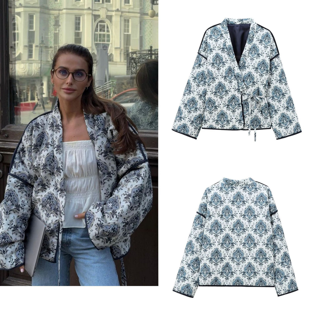 Women's quilted kimono wrap jacket with tie belt and oriental paisley pattern Fashion Glam
