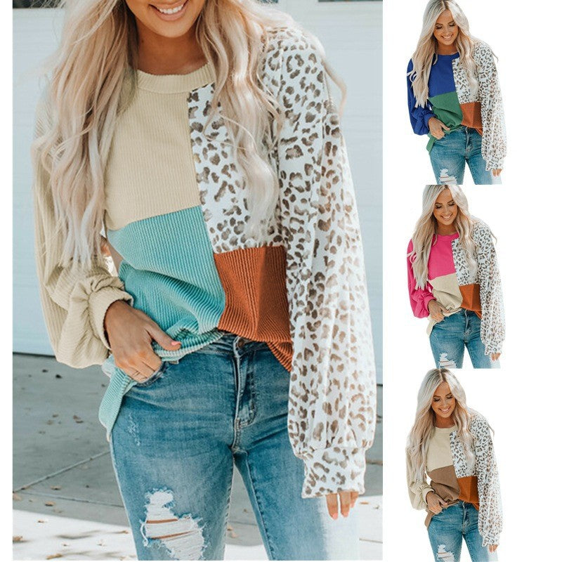 Ladies Oversize Patchwork Sweater with Animal Print and Textured Knit Fashion Glam