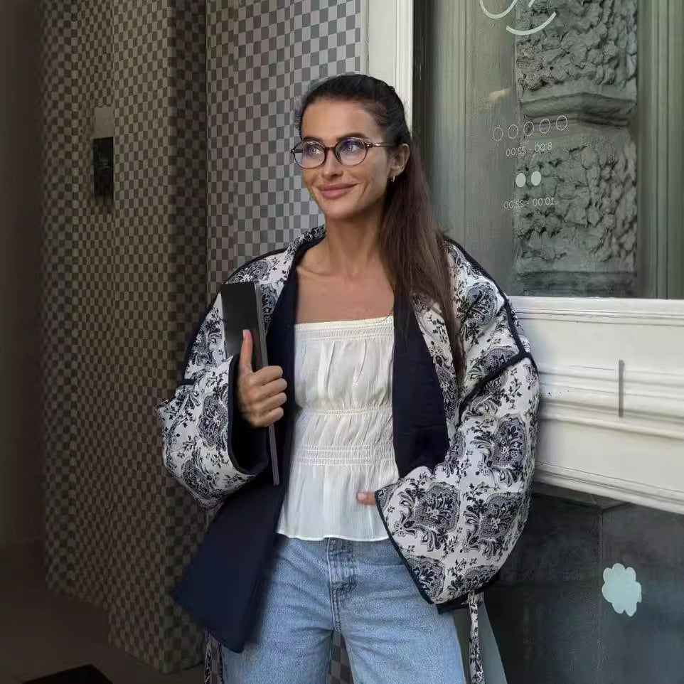 Women's quilted kimono wrap jacket with tie belt and oriental paisley pattern Fashion Glam