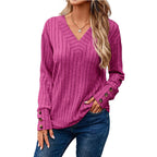 Women's Ribbed V-Neck Knit Sweater with Button Cuffs Fashion Glam