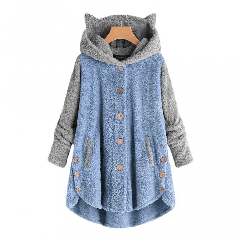Women's Cozy Hooded Teddy Jacket with Cat Ears, Wooden Button Details and High-Low Hem Fashion Glam