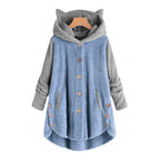Women's Cozy Hooded Teddy Jacket with Cat Ears, Wooden Button Details and High-Low Hem Fashion Glam