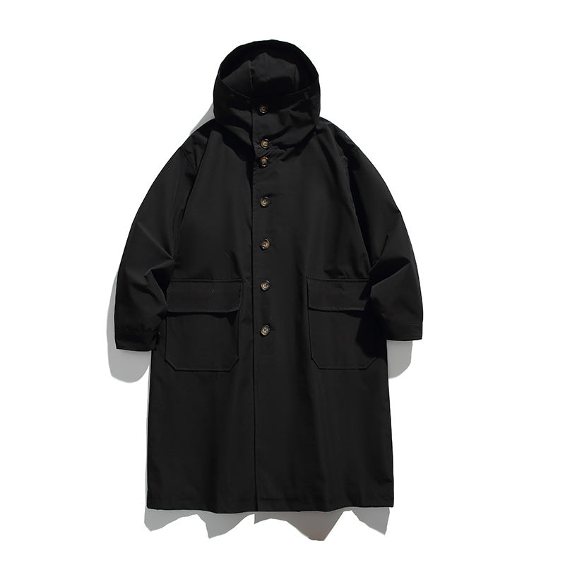 Unisex Longer Hooded Coat in Boxy Cut with Concealed Button Placket and Large Flap Pockets Fashion Glam