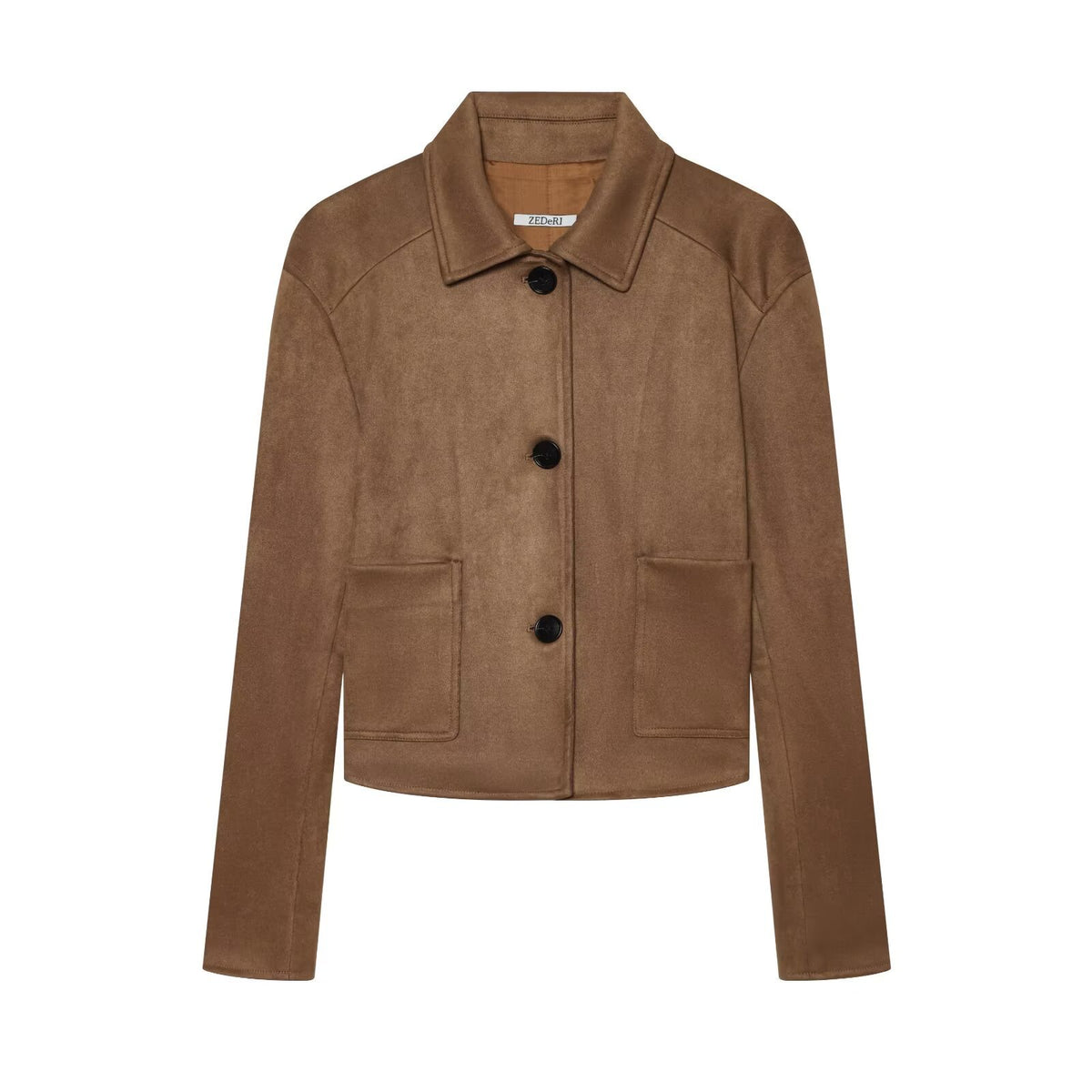 Women's short jacket in suede leather look with shirt collar and patch pockets Fashion Glam