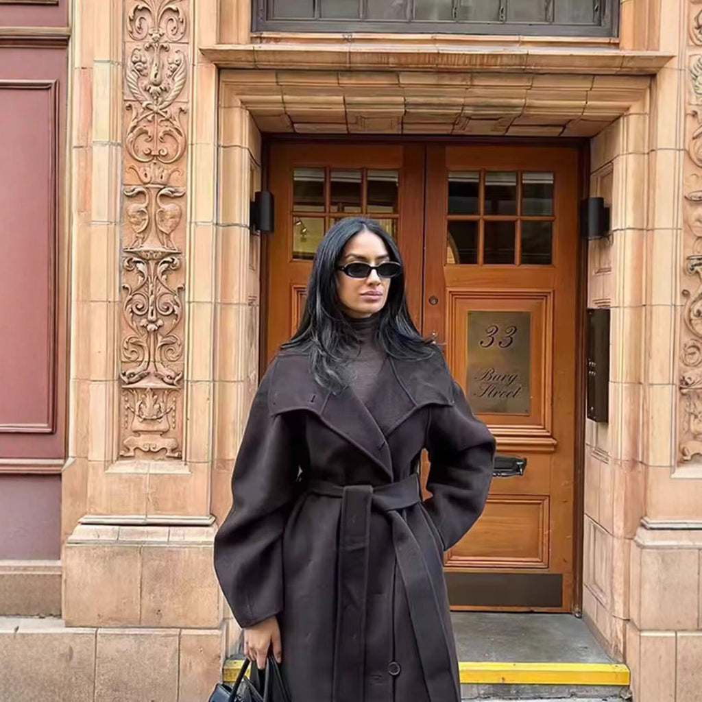 Women's Tailored Wool Blend Coat with Tie Belt and Large Lapel Collar Fashion Glam