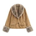 Women's short jacket made of faux suede with voluminous faux fur collar and fur cuffs Fashion Glam