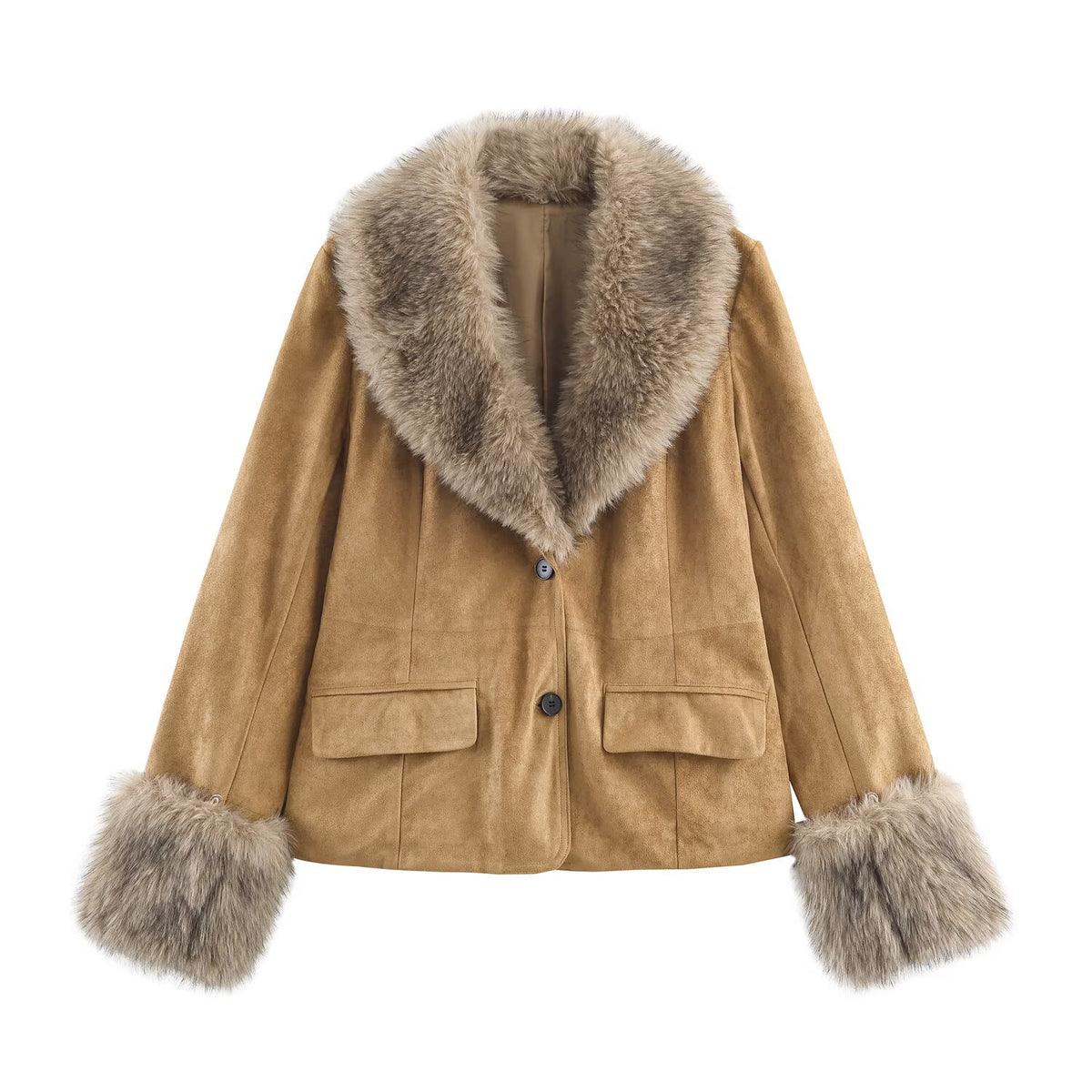 Women's short jacket made of faux suede with voluminous faux fur collar and fur cuffs Fashion Glam