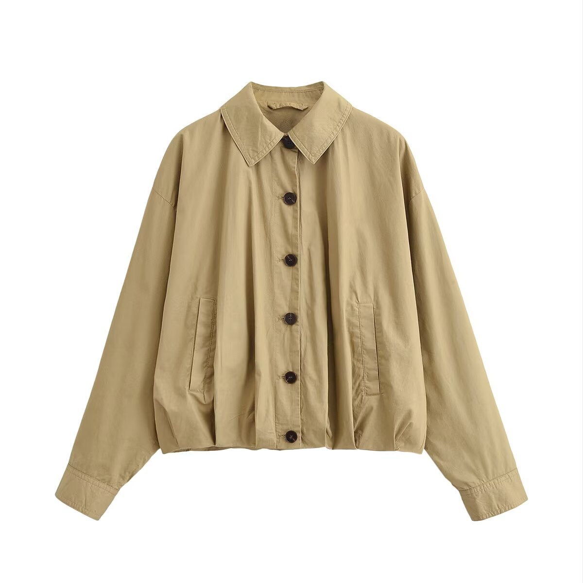 Women's Lightweight Cropped Bomber Jacket with Button Placket and Elastic Hem Fashion Glam