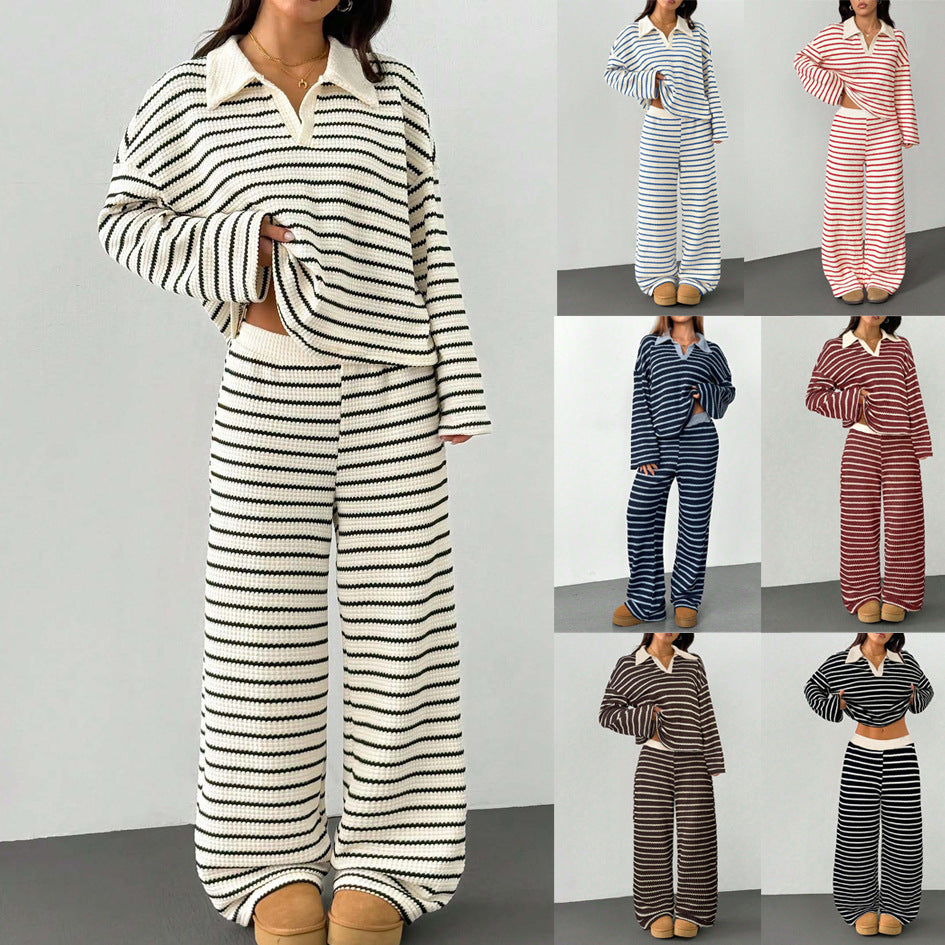 Women's Knitted Loungewear Set with Polo V Neck, Bell Sleeves, and Wide High-Cut Trouser Leg Fashion Glam