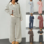 Women's Knitted Loungewear Set with Polo V Neck, Bell Sleeves, and Wide High-Cut Trouser Leg Fashion Glam
