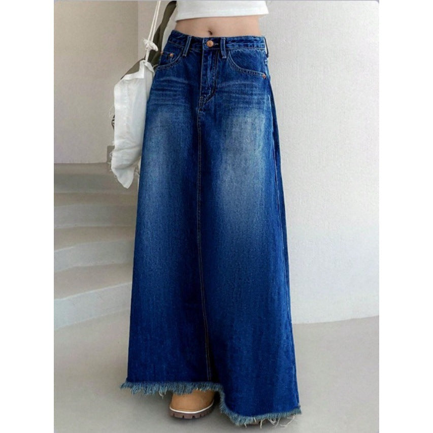 Women's Longer Vintage Jeans Skirt in A-Line Cut with High-Waisted Band and Frayed Hem Fashion Glam