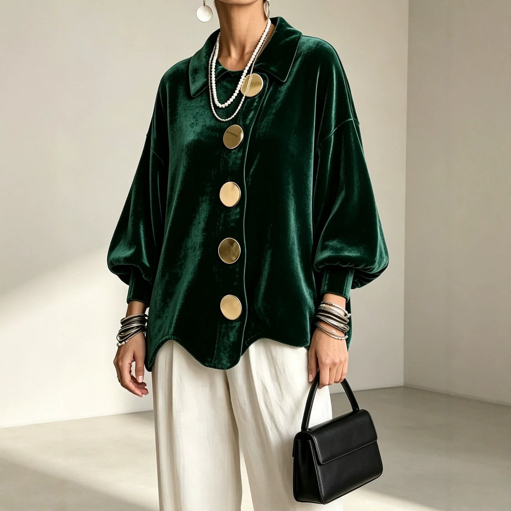Women's Oversized Velvet Jacket with Large Decorative Buttons and Balloon Sleeves Fashion Glam