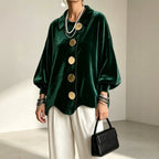 Women's Oversized Velvet Jacket with Large Decorative Buttons and Balloon Sleeves Fashion Glam