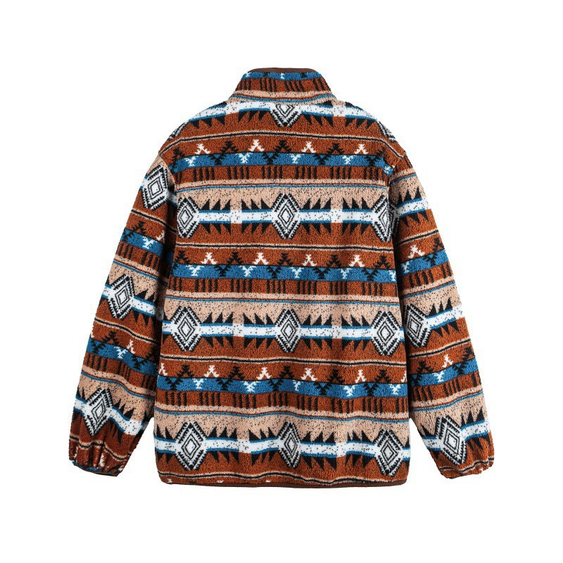 Unisex Fleece Pullover Half Zip with Aztec Pattern and High Stand-Up Collar Fashion Glam