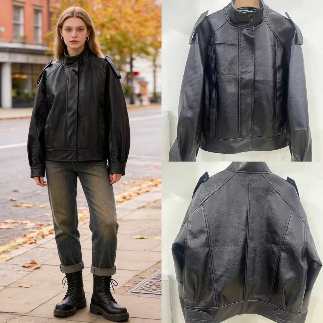 Women's Oversize Leather Jacket with Cut-Out Shoulder, Stand Collar and Structured Seams Fashion Glam