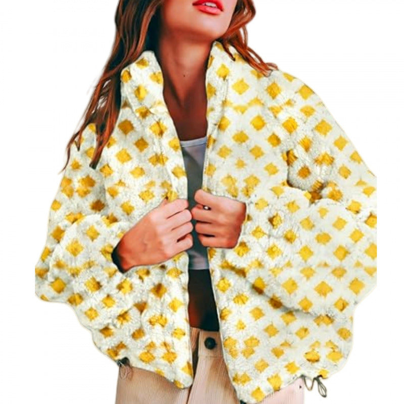 Ladies short-cut Sherpa fleece jacket with geometric pattern and drawstring Fashion Glam