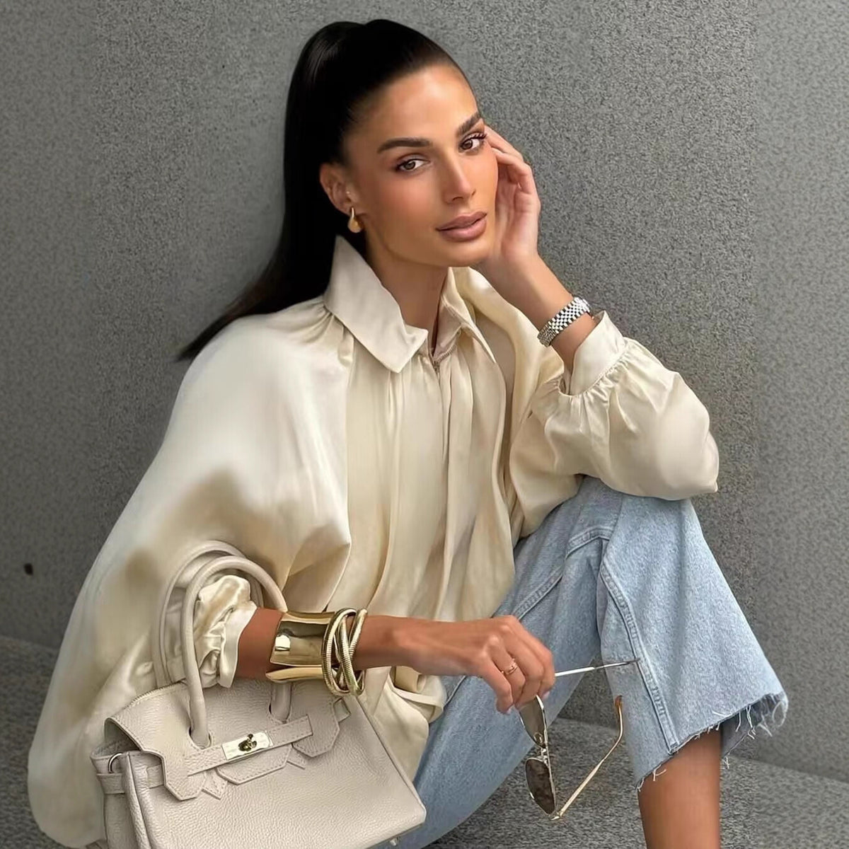 Women's wide pleated cape blouse with standing collar and concealed zipper Fashion Glam