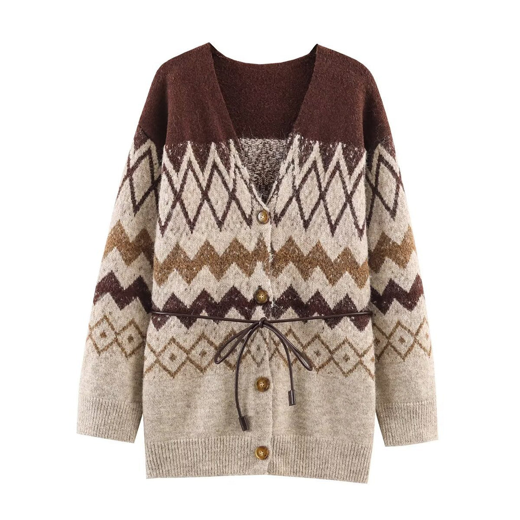 Women's Patterned Knit Cardigan with V-Neck, Button Placket and Waistband Fashion Glam