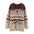 Women's Patterned Knit Cardigan with V-Neck, Button Placket and Waistband Fashion Glam