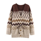 Women's Patterned Knit Cardigan with V-Neck, Button Placket and Waistband Fashion Glam