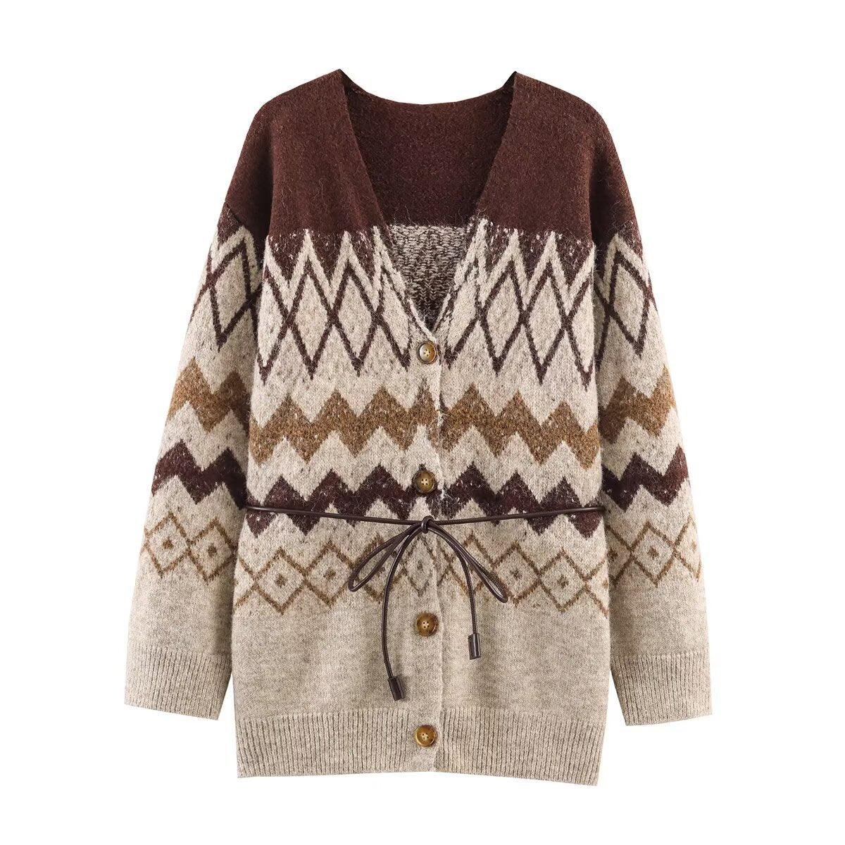 Women's Patterned Knit Cardigan with V-Neck, Button Placket and Waistband Fashion Glam
