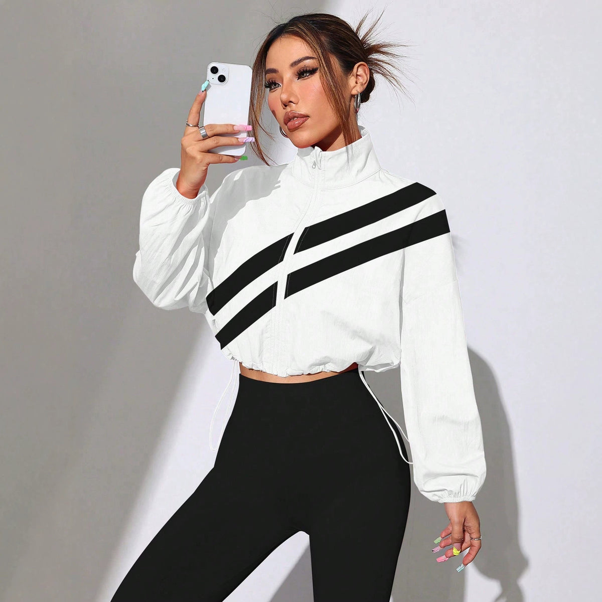 Women's Cropped Windbreaker with Stand-up Collar, Zipper and Drawstring Waist Fashion Glam