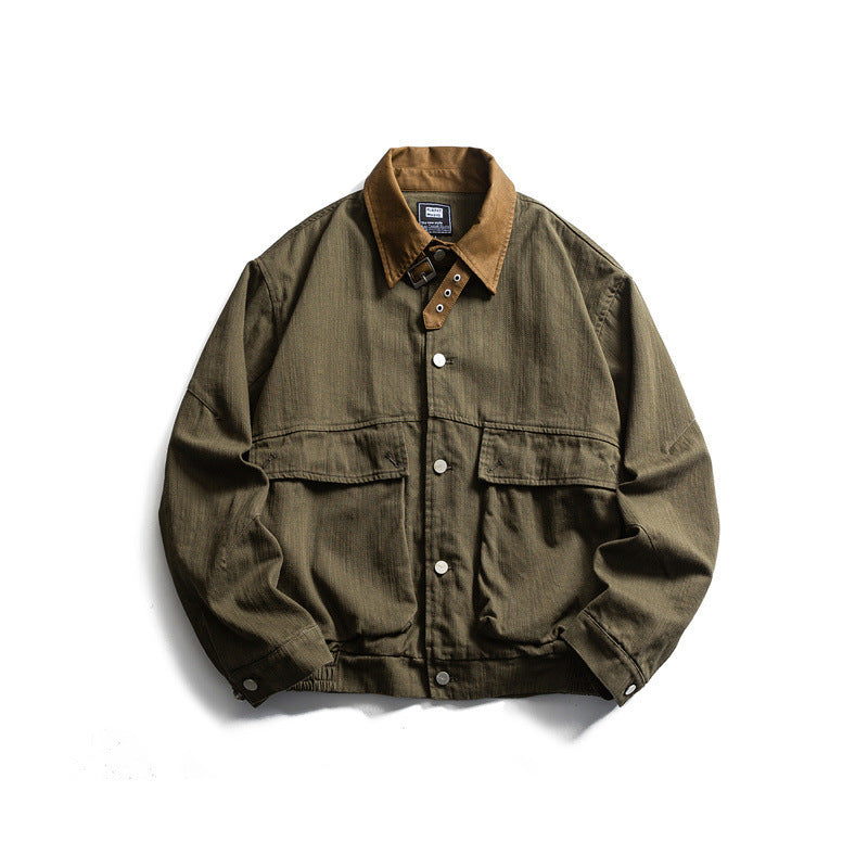 Men's Boxy Worker Canvas Jacket with Cord Collar, Snap Placket and Placed Flap Pockets Fashion Glam