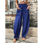 Women's Lightweight Linen Pants with Wide Leg, High Elastic Waistband, and Patch Pockets Fashion Glam