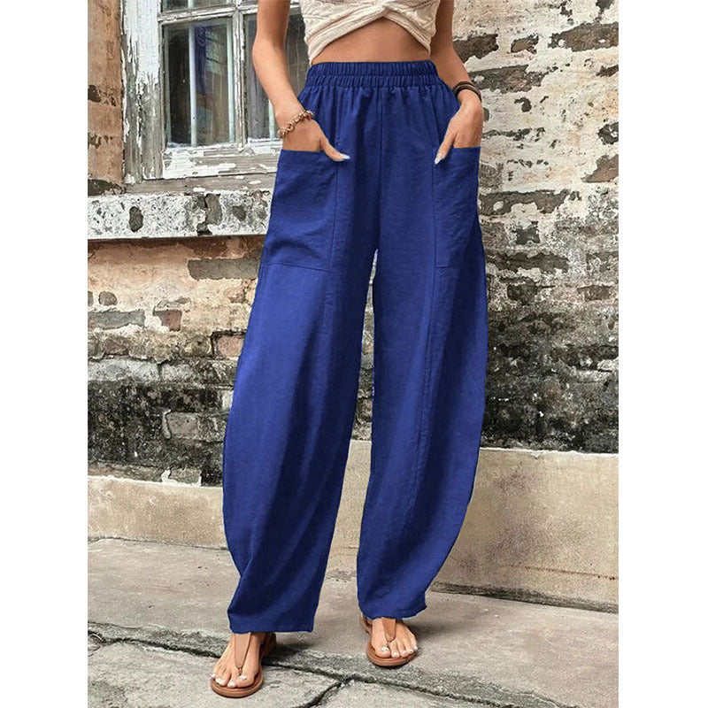 Women's Lightweight Linen Pants with Wide Leg, High Elastic Waistband, and Patch Pockets Fashion Glam