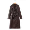 Women's longer tailored coat in leather look with tie belt and lapel collar Fashion Glam