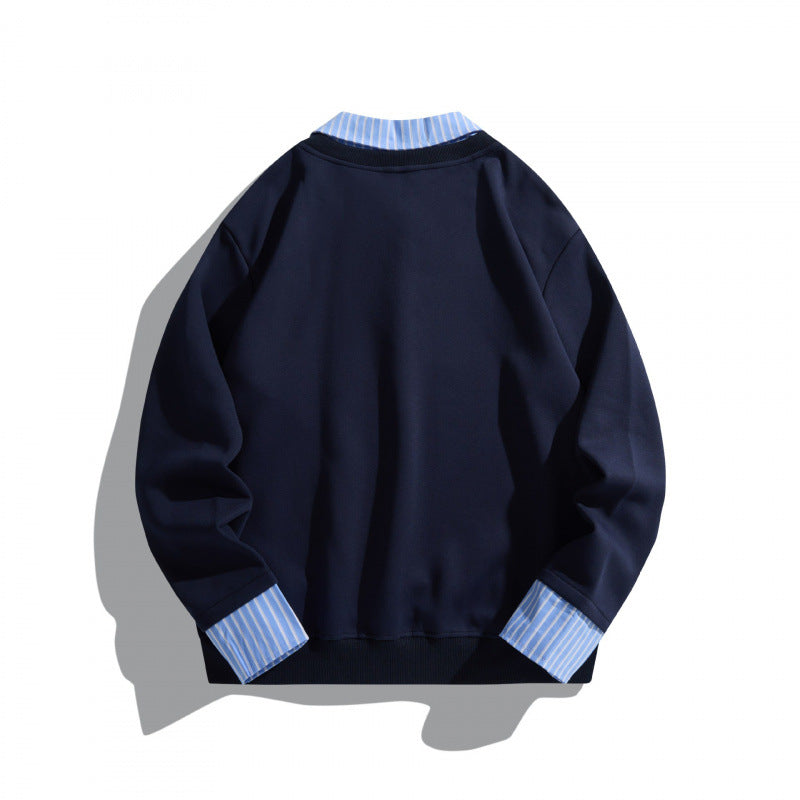 Unisex Layered Look Sweatshirt with V-Neck, integrated Shirt Collar and Striped Cuffs Fashion Glam